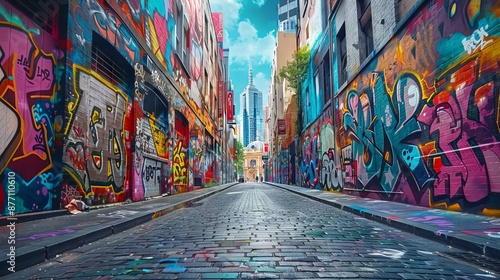 Vibrant street art in an urban alley photo