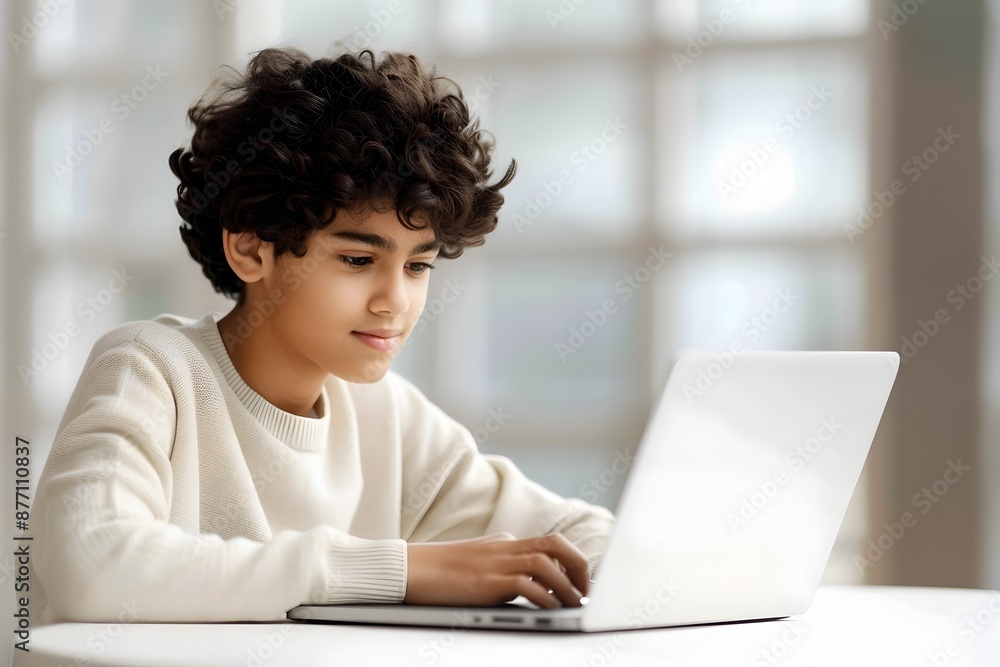 Focused Teenage Boy Studying on Laptop at Home Workspace Focused Teenage Boy Studying on Laptop at Home Workspace