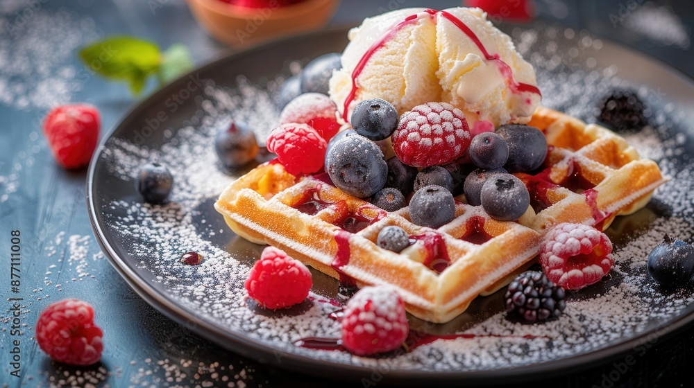 Plate of belgian waffles with ice cream, caramel sauce and fresh berries.