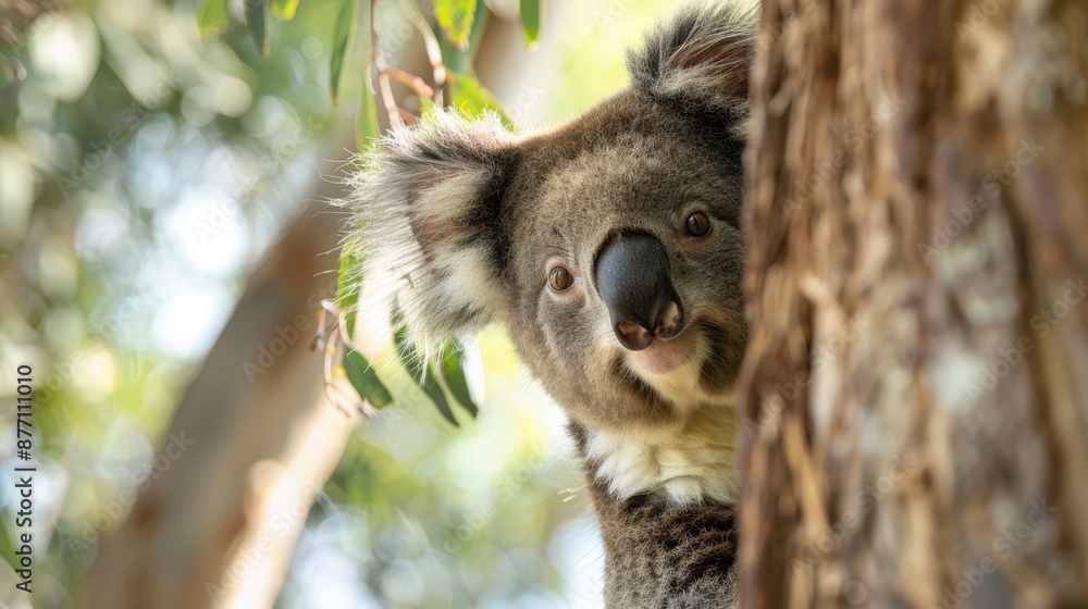 Obraz premium A tight shot of a koala perched high on a tree branch, its head tilted over the edge