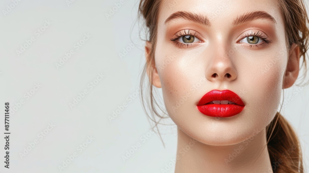 Fototapeta premium Close-up portrait of a woman with flawless skin, red lipstick, and natural makeup on a light background. Beauty and skincare concept.