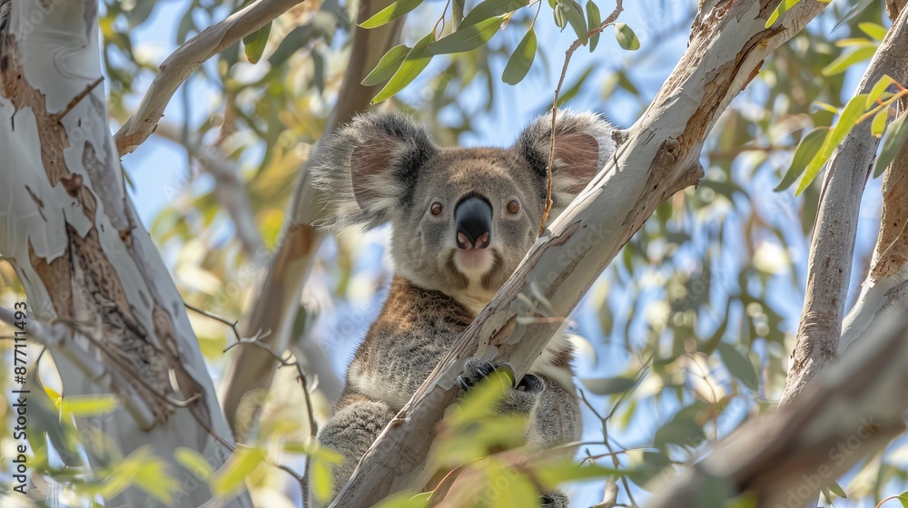 Fototapeta premium A koala in a tree, surrounded by leafy branches, gazes at the camera