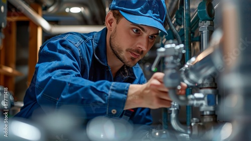 Focused Technician Adjusting Pipes in Industrial Setting