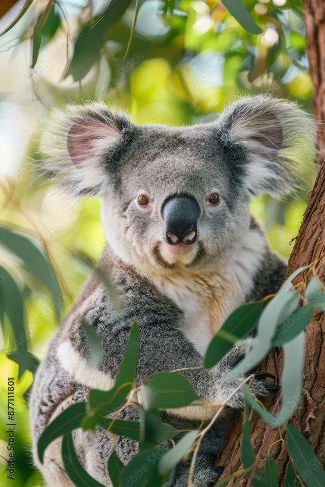 Obraz premium A tight shot of a koala in a tree, surrounded by foreground leaves, and a background softly blurred