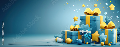 Wallpaper Mural A blue and yellow box with a yellow bow on top of a blue box with a yellow bow on top of a blue box. The boxes are stacked on top of each other and surrounded by Christmas decorations Torontodigital.ca