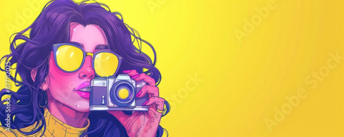 A woman is holding a camera and wearing sunglasses. The image is a bright yellow background. The woman is the main focus of the image, and the camera is a symbol of capturing memories