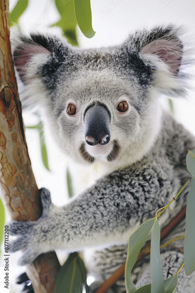 Obraz premium A koala sits in a tree, gazing at the camera with a startled expression