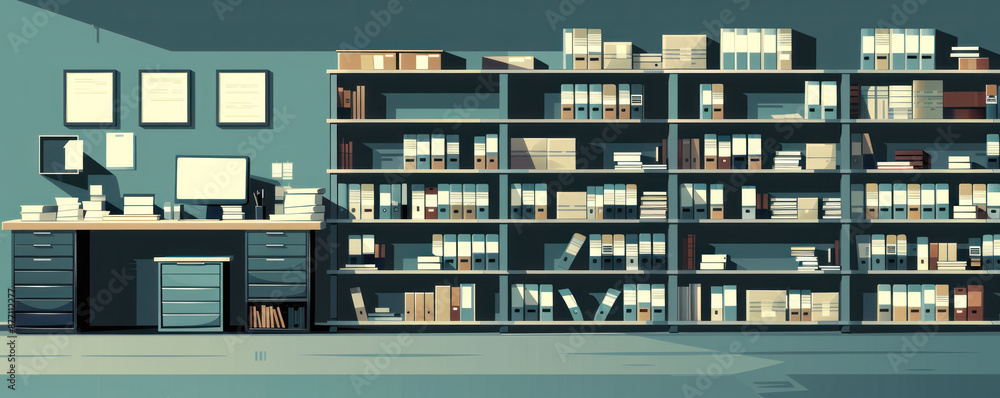 A computer room with a desk and shelves full of books A computer room with a desk and shelves full of books