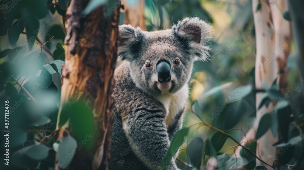 Fototapeta premium A koala atop a tree in a verdant forest, surrounded by numerous green leaves