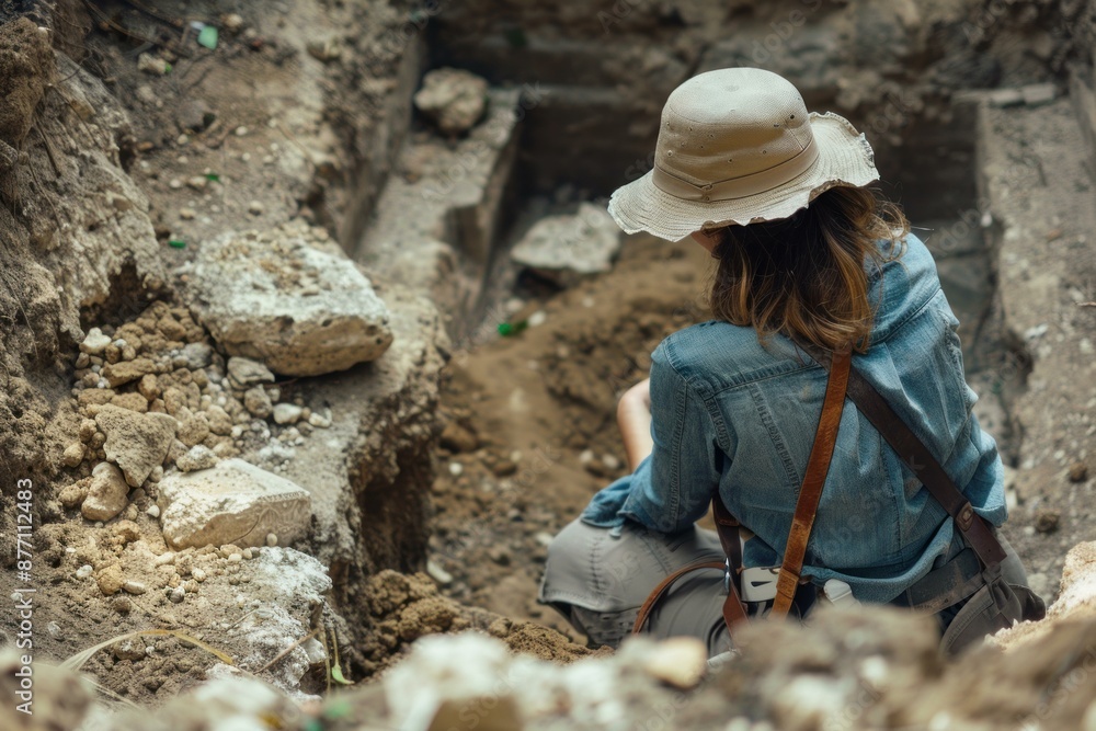 Naklejka premium Woman archaeologist digs carefully in the earth at a historical excavation site