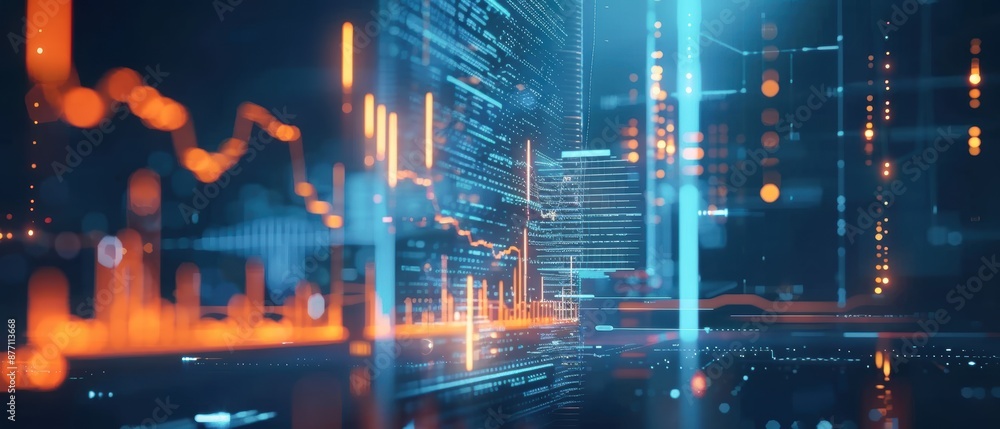 Obraz premium Futuristic financial data visualization with glowing graphs and digital interface, representing market analysis and economic trends.