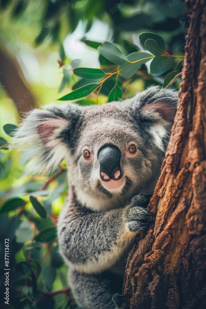 Fototapeta premium Koala in tree, gaze surprises camera