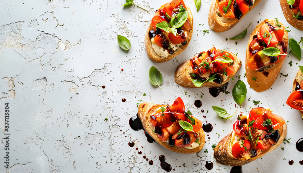 Delicious bruschettas with balsamic vinegar and toppings on light textured table, flat lay. Space for text Delicious bruschettas with balsamic vinegar and toppings on light textured table, flat lay. Space for text