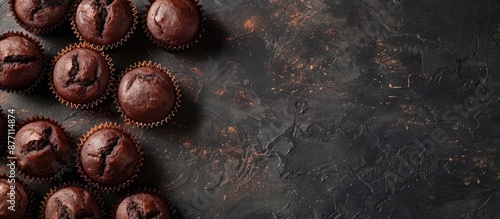 Top view of uncooked chocolate muffins ready for baking with space for text or graphics in the image. photo