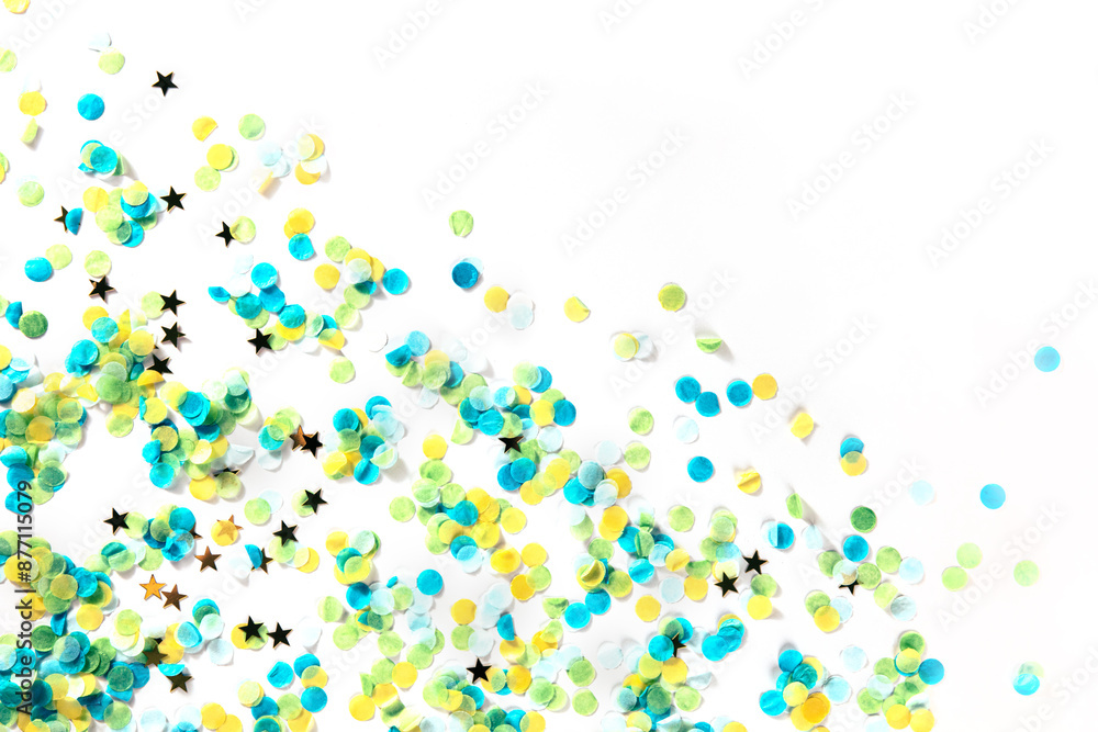 Happy birthday or any holiday festive background with confetti and copy space. Carnival greeting card with golden stars, on a white background Happy birthday or any holiday festive background with confetti and copy space. Carnival greeting card with golden stars, on a white background