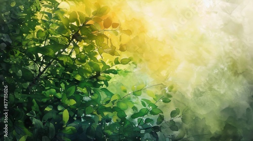 Vibrant Watercolor Painting of Fresh Foliage with Motion Blur in Medium Shot Featuring Rule of Odds and Bright Colors Under Soft Light
