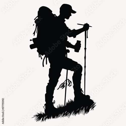 Beautiful Hiking vector silhouette Black silhouette of hunter perch stand white background 