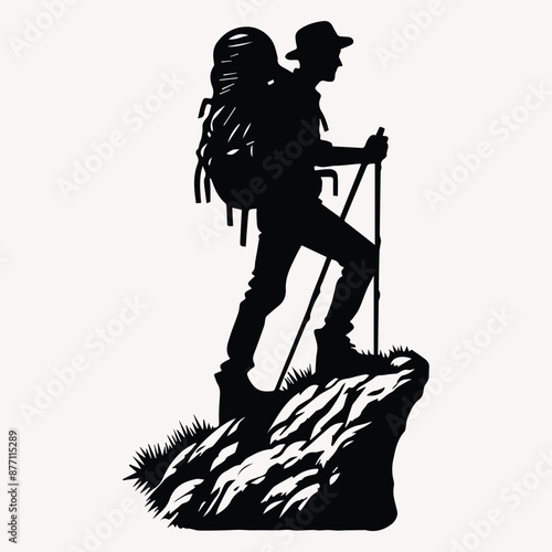 Beautiful Hiking vector silhouette Black silhouette of hunter perch stand white background 