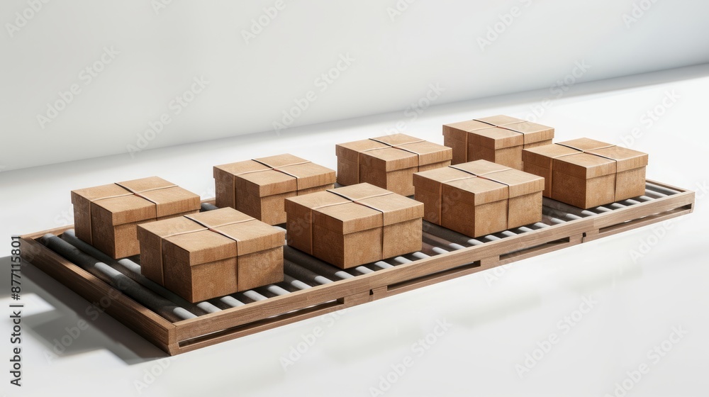 Brown Cardboard Boxes on Wooden Conveyor Belt Brown Cardboard Boxes on Wooden Conveyor Belt