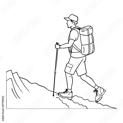 a man with a trekking pole and backpack hiking up a mountain. The line art vector illustration 