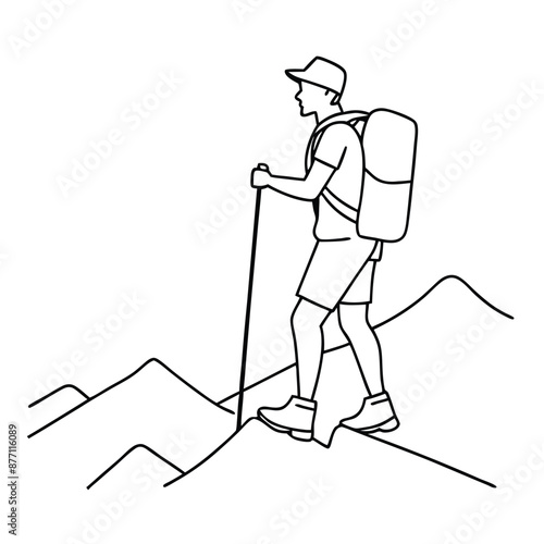 a man with a trekking pole and backpack hiking up a mountain. The line art vector illustration 