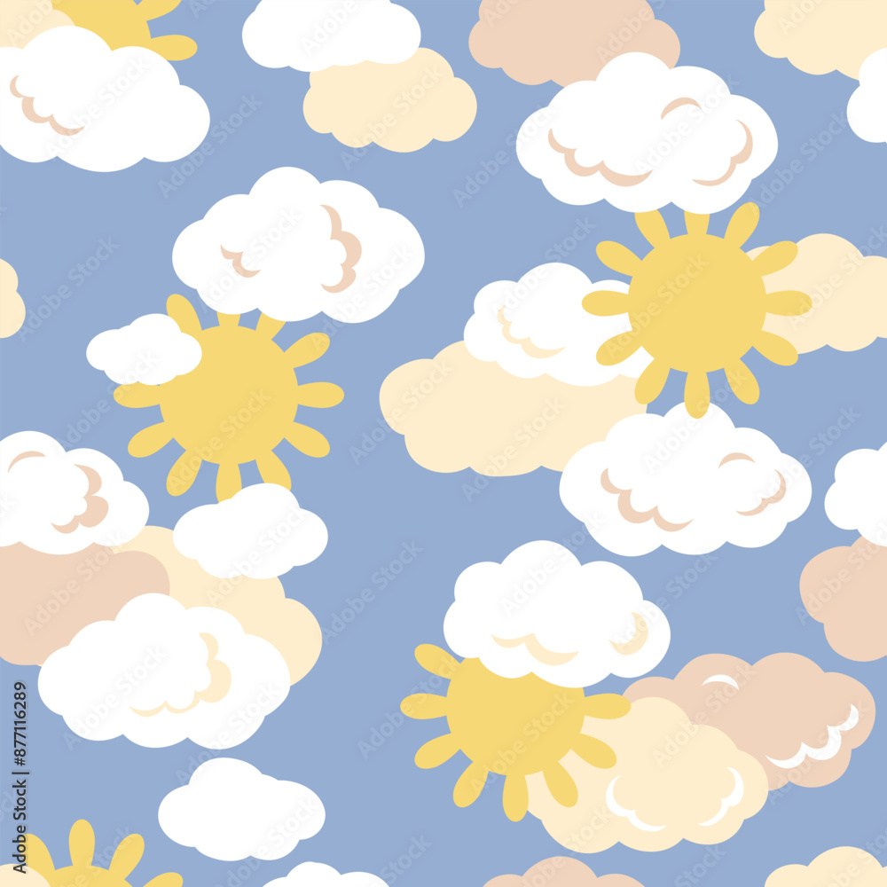 Boho kids seamless pattern in simple hand drawn flat style. Cute elements of clouds and sun. Nursery vector illustration in pastel colours. Boho kids seamless pattern in simple hand drawn flat style. Cute elements of clouds and sun. Nursery vector illustration in pastel colours.