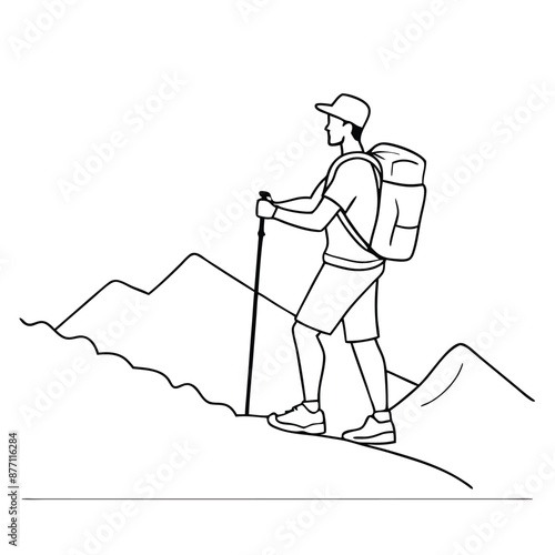 a man with a trekking pole and backpack hiking up a mountain. The line art vector illustration 