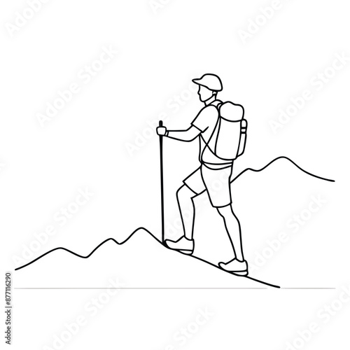 a man with a trekking pole and backpack hiking up a mountain. The line art vector illustration 