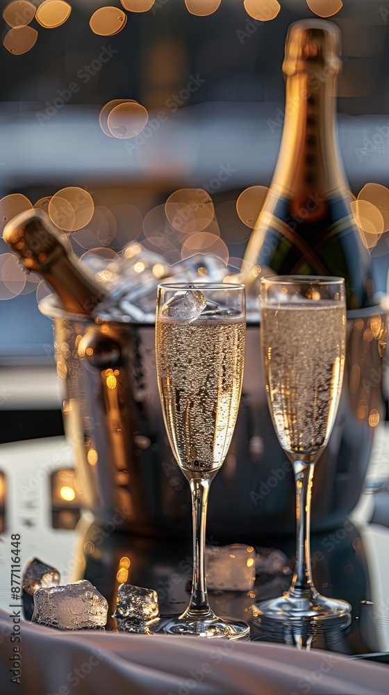 Romantic hotel setting with champagne and ice bucket