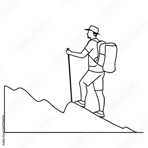 a man with a trekking pole and backpack hiking up a mountain. The line art vector illustration 