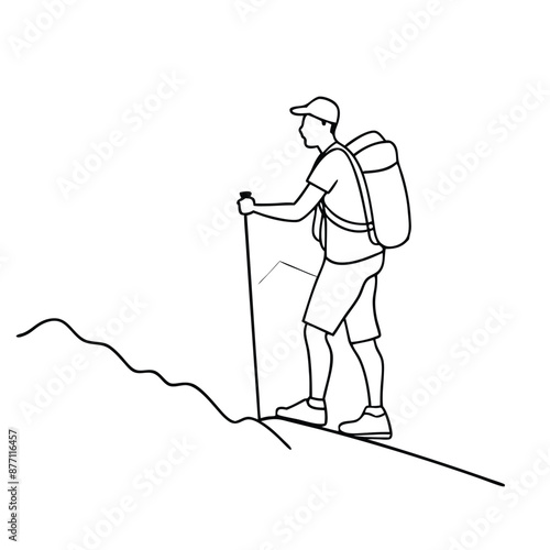 a man with a trekking pole and backpack hiking up a mountain. The line art vector illustration 