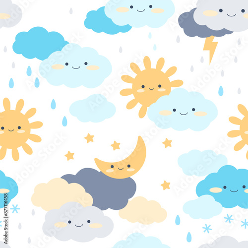 Seamless pattern with cute characters. Kawaii sun, moon, stars, clouds, snow and rain drops on a white background. Vector illustration for printing kids paper, fabric, textile.