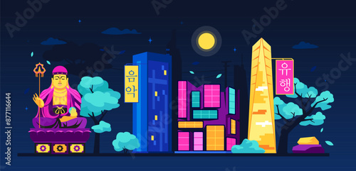 Neon buildings at night Korea - modern colored vector illustration with Gangnam Underground Shopping area, Yonggungsa and Buddha statue, Northeast Asia Trade Tower, street with signs with hieroglyphs