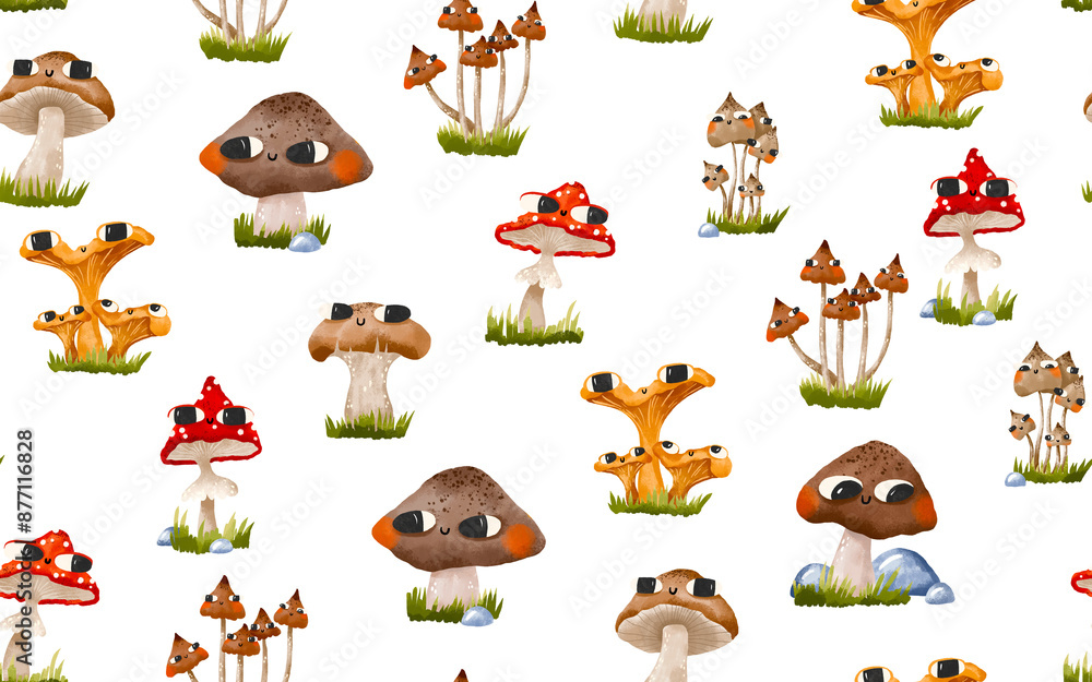 Obraz premium Seamless pattern with mushrooms. Mycelium of red fly agaric mushrooms, toadstools and chanterelles. Cute hand drawn cartoon illustration on isolated background. Endless background