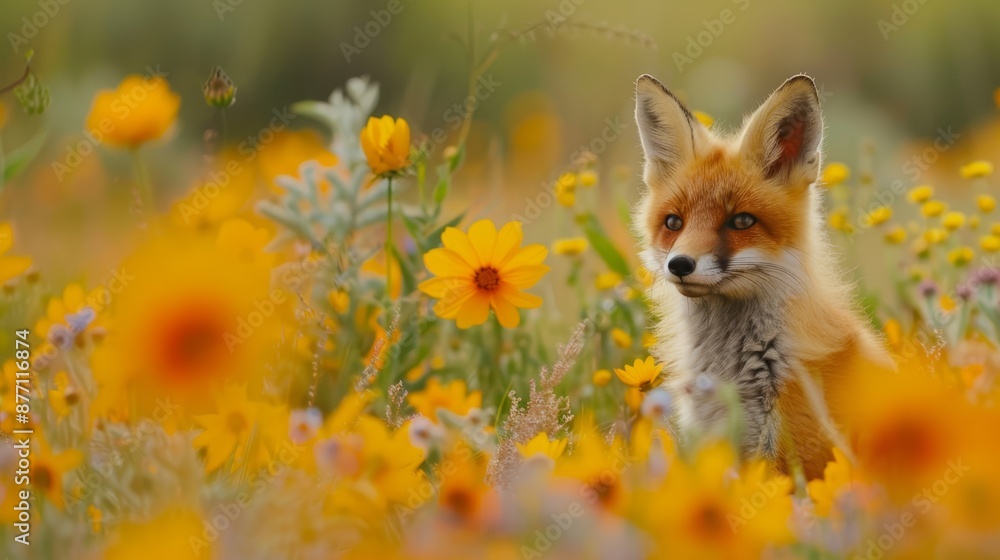  A tight shot of a fox amidst a blooming field, surrounded by softly blurred yellows and pinks