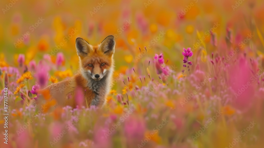 Naklejka premium A red fox gazes curiously at the camera amidst a field of wildflowers