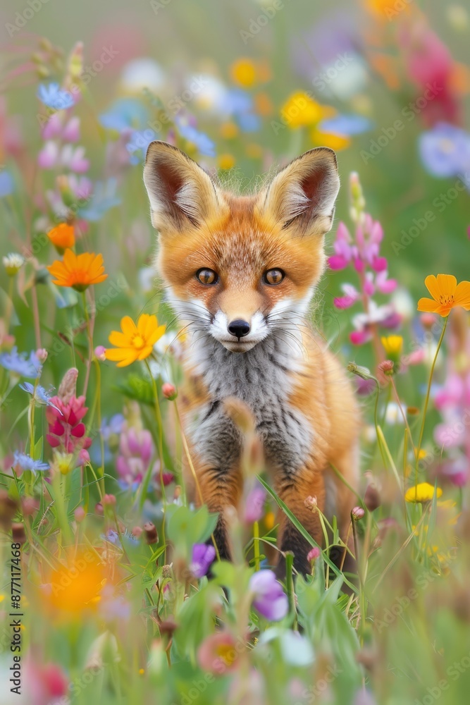 Obraz premium A tight shot of a baby fox amidst a blooming field of wildflowers, the backdrop softly blurred