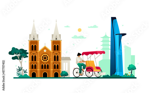 Notre Dame in Ho Chi Minh City and Bitexco - colored vector illustration with historical monuments of architecture and modern buildings. Rickshaw rides around the city in search of tourists. Vietnam