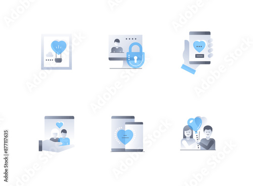 Romance and relationships - flat design style icons set. High quality colorful images of honeymoon, February, couple compatibility, dating app, match, heart, feelings, reciprocity and love idea