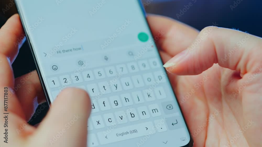 Female hands typing text on smartphone close-up.