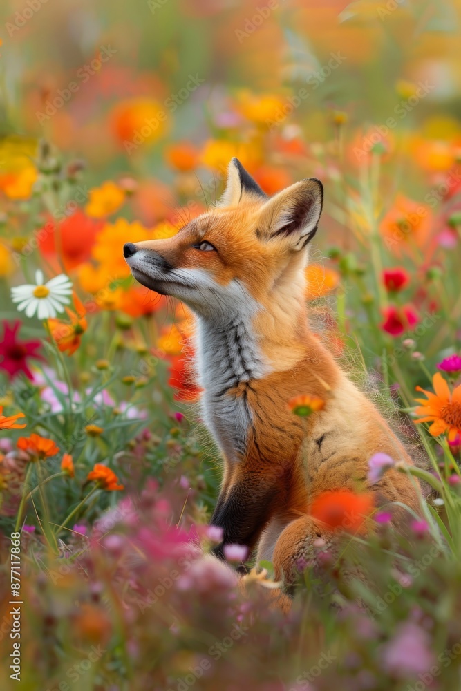 Naklejka premium A tight shot of a fox amidst a flower-filled meadow, flowers near yet background softly blurred