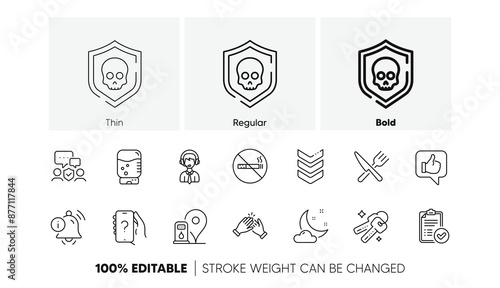 Petrol station, Water cooler and No smoking line icons. Pack of Security agency, Shipping support, Clapping hands icon. Approved report, Cyber attack, Night weather pictogram. Line icons. Vector