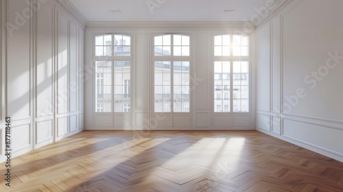 Wallpaper Mural Sunlit empty room with large windows and classic wooden flooring, perfect for interior design inspiration or real estate listings. Torontodigital.ca