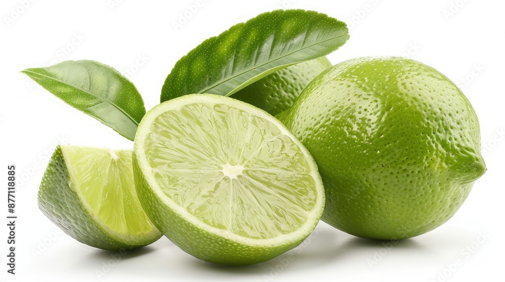 Whole lime, cut slice, and leaf isolated on clean white background Whole lime, cut slice, and leaf isolated on clean white background