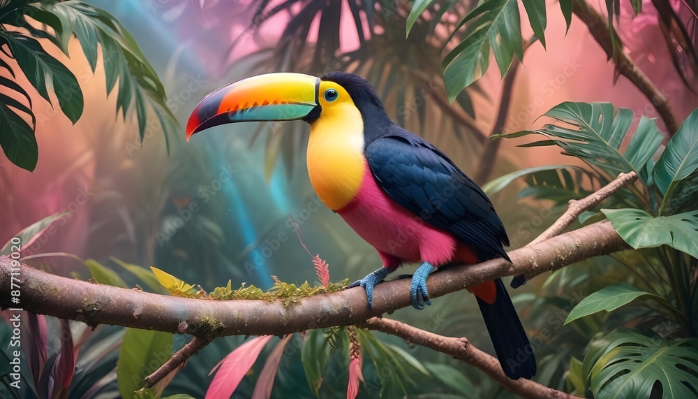 Obraz premium A colorful pelican sitting on a branch in the lush jungle