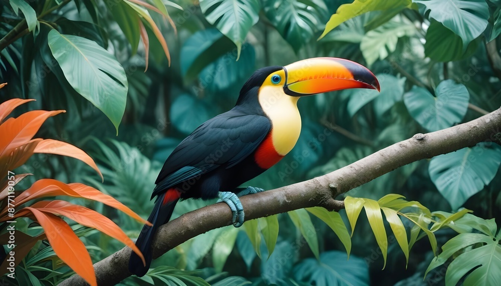 Obraz premium A colorful pelican sitting on a branch in the lush jungle