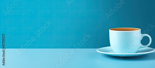 Coffee cup on a blue backdrop with copy space image.