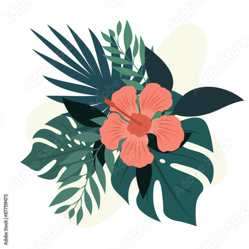 Botaniczna kompozycja z egzotycznymi elementami: liść monstery, palmy i hibiskus. Tropikalna ilustracja wektorowa.