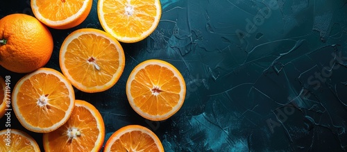 Top view of fresh, ripe oranges on a dark background with copy space image. photo