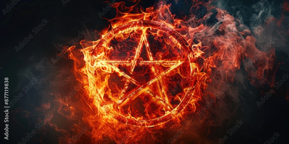 Fototapeta premium A burning pentagram on a dark background